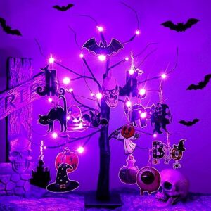 RJZZ 24LED Lighted Halloween Tree 2FT Hocus Pocus Decor Spooky Tree with 21pcs Hanging Ornaments Halloween Decorations Indoor USB/Battery Operated Halloween Decor for Table Centerpiece, Office