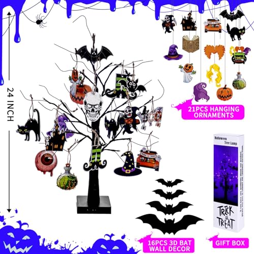 RJZZ 24LED Lighted Halloween Tree 2FT Hocus Pocus Decor Spooky Tree with 21pcs Hanging Ornaments Halloween Decorations Indoor USB/Battery Operated Halloween Decor for Table Centerpiece, Office