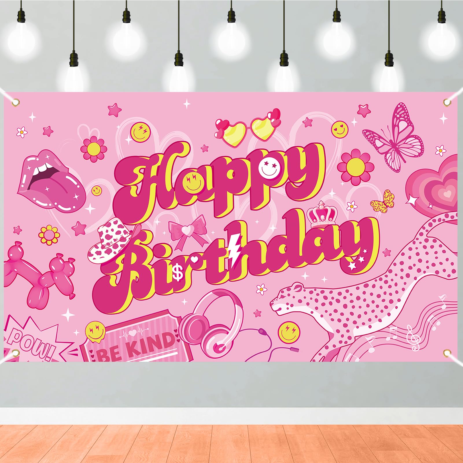 Qpout Pink Preppy Birthday Backdrop with Polyester Fabric, Hot Pink Theme, for Girls Women Party Decorations