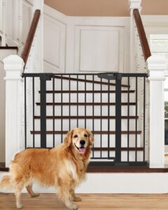 cumbor 36" extra tall durable baby gate with cat door, 29.7-46" auto close dog gates for doorways, stairs, easy walk through pressure mounted safety gate with adjustable small pet door,black