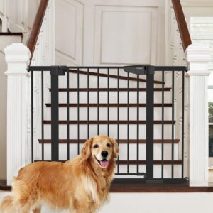 Cumbor 36" Extra Tall Durable Baby Gate with Cat Door, 29.7-46" Auto Close Dog Gates for Doorways, Stairs, Easy Walk Through Pressure Mounted Safety Gate with Adjustable Small Pet Door,Black