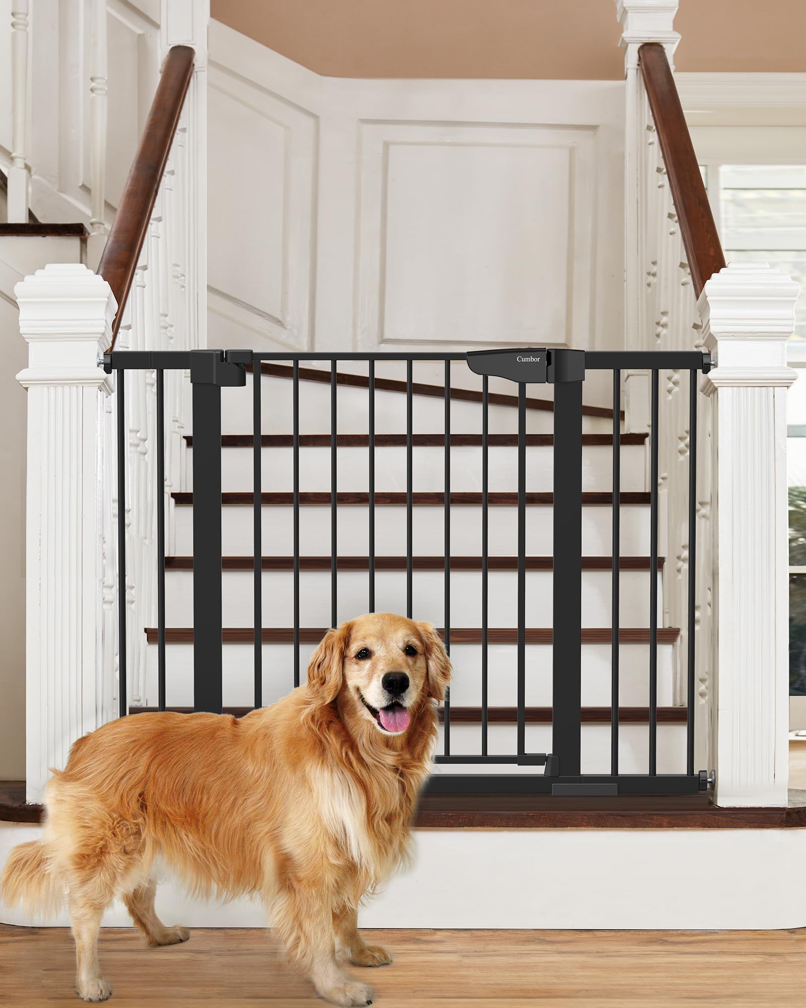 Cumbor 36" Extra Tall Durable Baby Gate with Cat Door, 29.7-46" Auto Close Dog Gates for Doorways, Stairs, Easy Walk Through Pressure Mounted Safety Gate with Adjustable Small Pet Door,Black