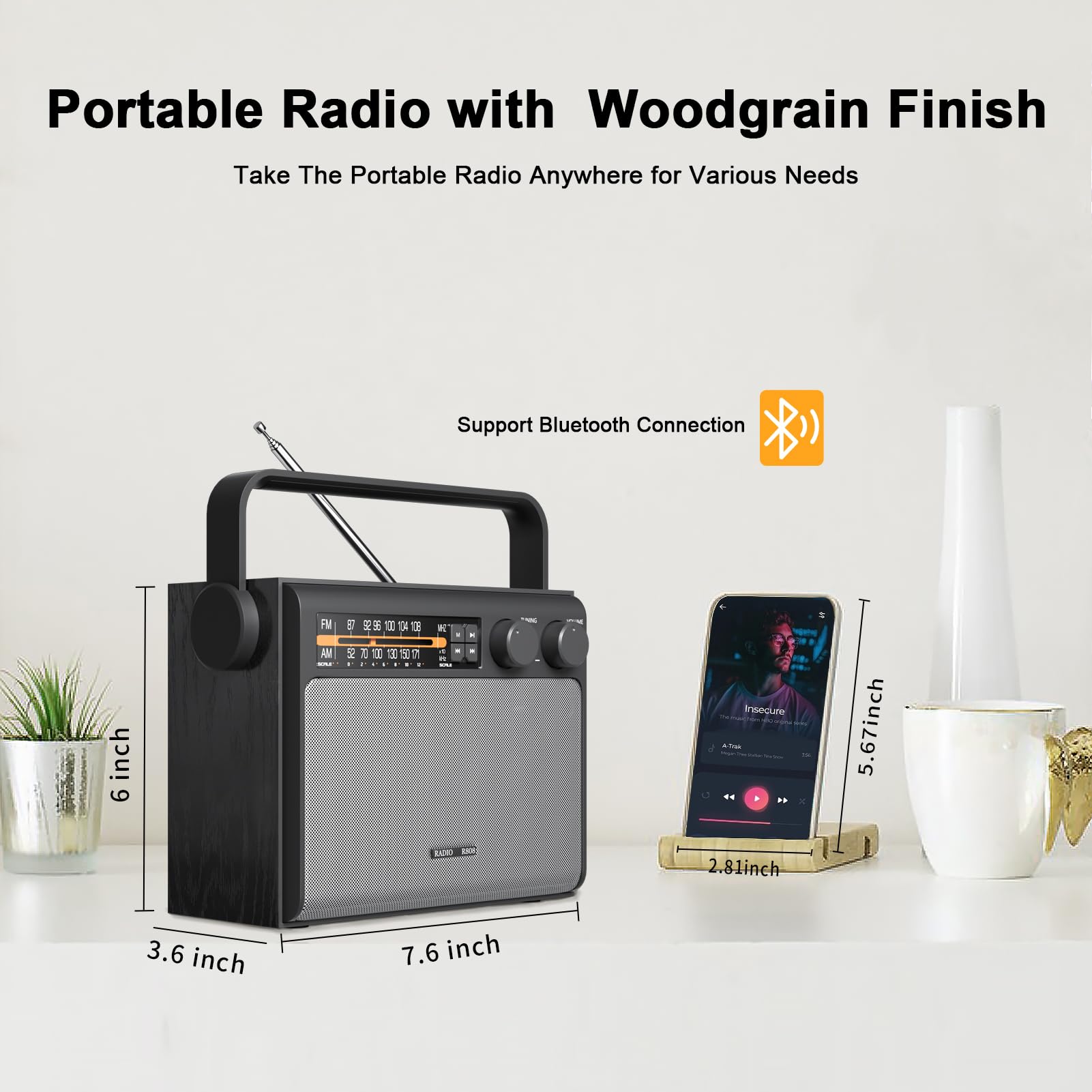 YOWGULF Portable AM FM Radio, Bluetooth Radio with Best Reception,Transistor Radio Plug in Wall or Battery Powered, Radio with Headphone Jack, USB, Aux in, Big Speaker, for Home Outdoor Gift