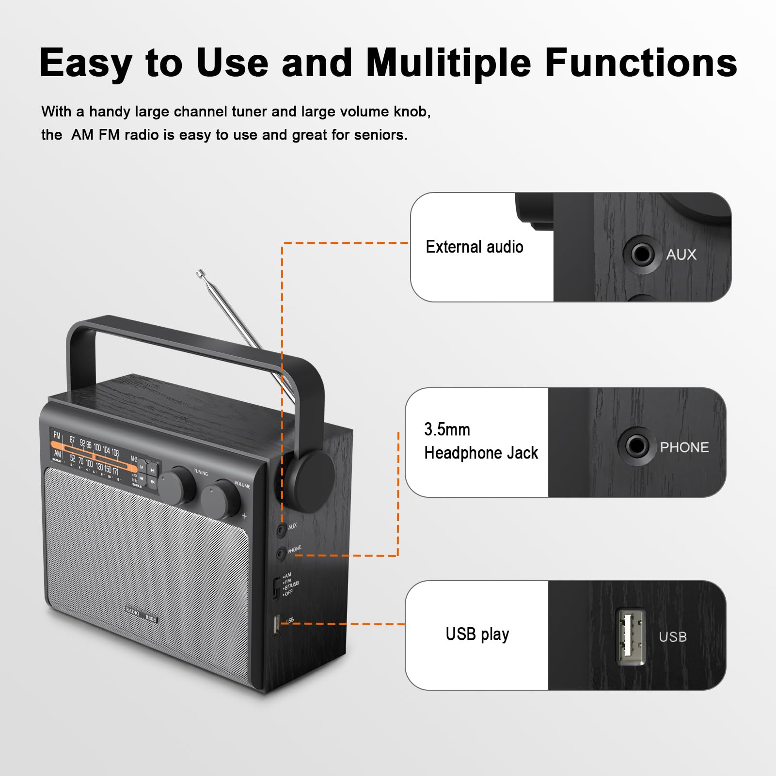 YOWGULF Portable AM FM Radio, Bluetooth Radio with Best Reception,Transistor Radio Plug in Wall or Battery Powered, Radio with Headphone Jack, USB, Aux in, Big Speaker, for Home Outdoor Gift