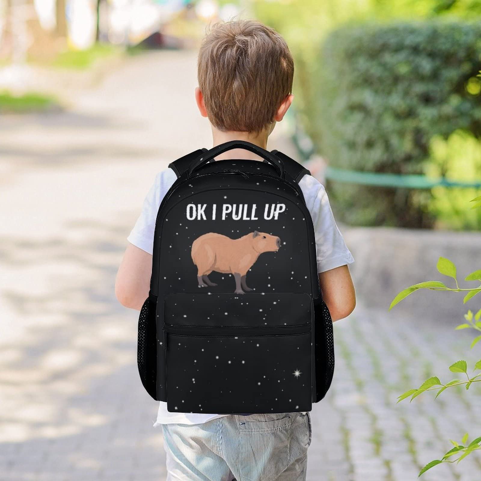 Capybara Backpack for Girls Boys, 16 Inch Black Backpacks for School, Cute Lightweight Durable Bookbag for Kids