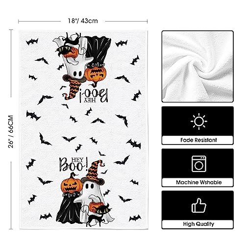 Artoid Mode Ghost Pumpkins Bats Cat Hey Boo Halloween Kitchen Towels Dish Towels, 18x26 Inch Seasonal Decoration Hand Towels Set of 2