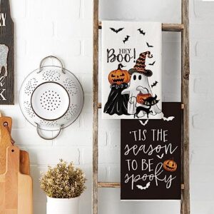 Artoid Mode Ghost Pumpkins Bats Cat Hey Boo Halloween Kitchen Towels Dish Towels, 18x26 Inch Seasonal Decoration Hand Towels Set of 2