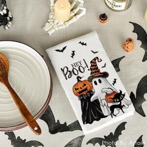 Artoid Mode Ghost Pumpkins Bats Cat Hey Boo Halloween Kitchen Towels Dish Towels, 18x26 Inch Seasonal Decoration Hand Towels Set of 2