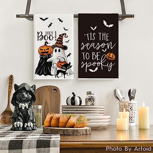 Artoid Mode Ghost Pumpkins Bats Cat Hey Boo Halloween Kitchen Towels Dish Towels, 18x26 Inch Seasonal Decoration Hand Towels Set of 2