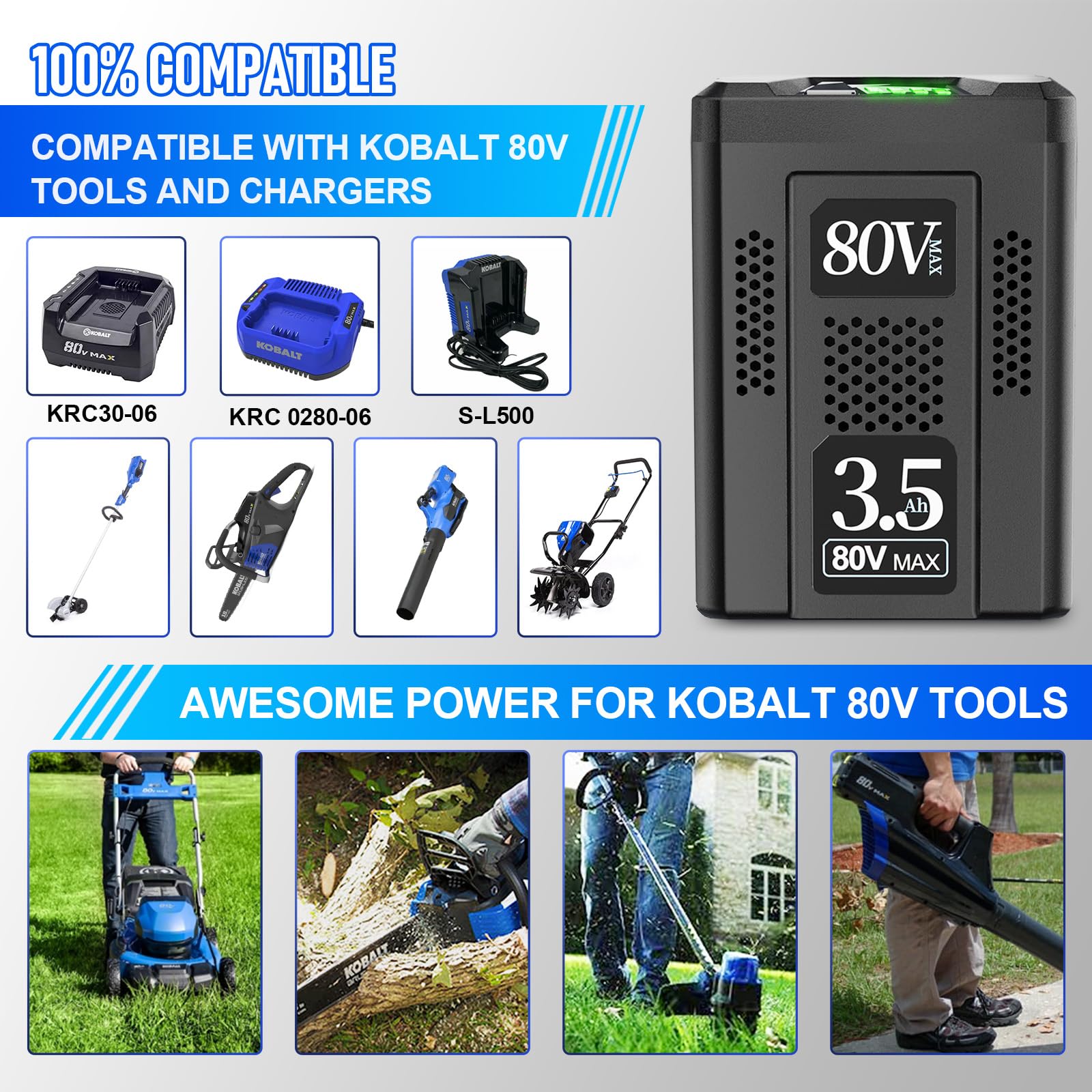 NEPOWILL 80V 3.5Ah Replacement Battery for Kobalt 80v Battery KB2580-06 KB580-06 KB680-06 KB280-06, Rechargeable Lithium Ion Battery for Kobalt 80V Cordless Power Tools