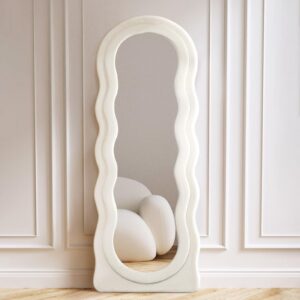 goodone wavy mirror full length 63"x24", irregular full body mirror, wave arched floor mirror, wall mirror standing hanging or leaning against wall for bedroom, flannel wrapped wooden frame,beige