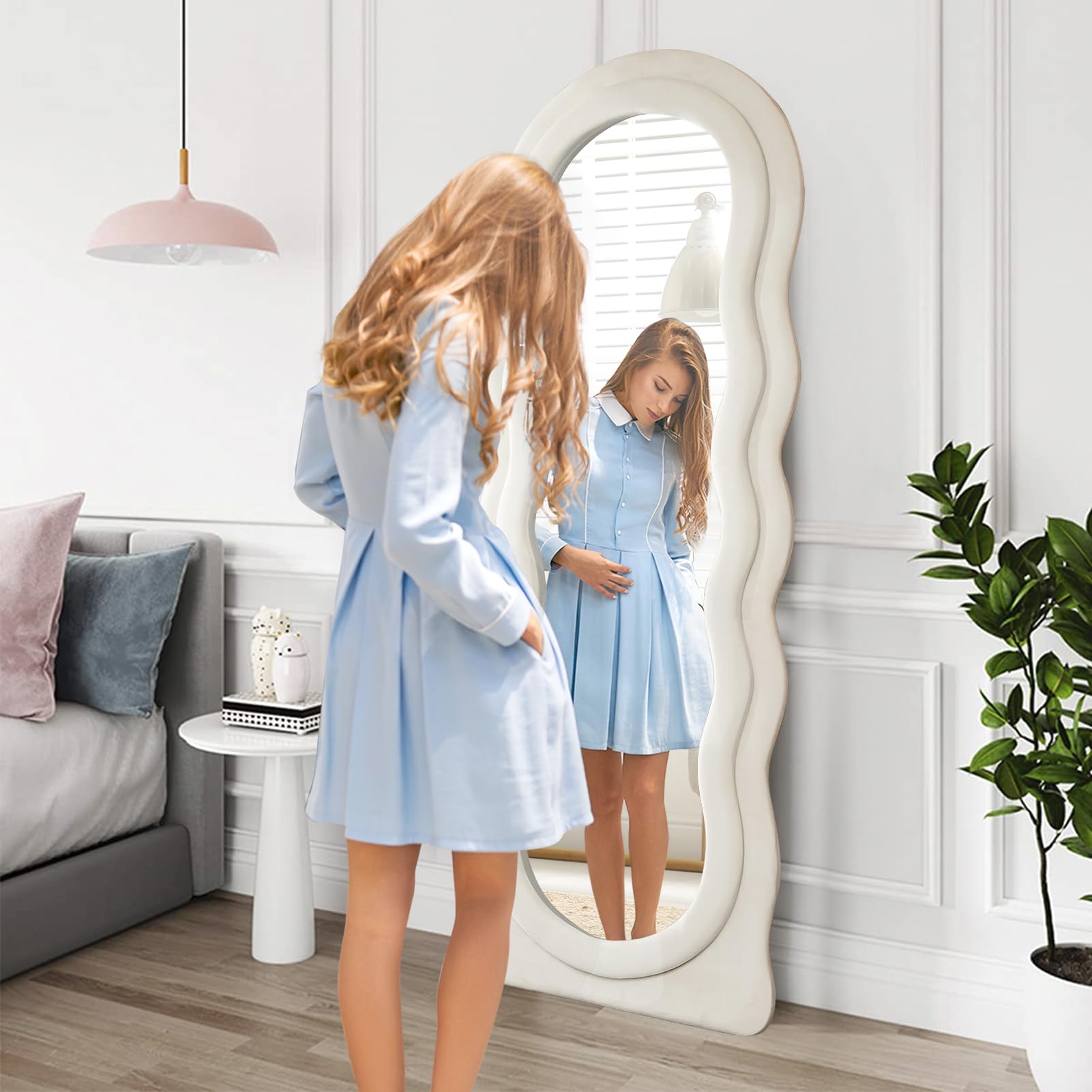 GOODONE Wavy Mirror Full Length 63"x24", Irregular Full Body Mirror, Wave Arched Floor Mirror, Wall Mirror Standing Hanging or Leaning Against Wall for Bedroom, Flannel Wrapped Wooden Frame,Beige