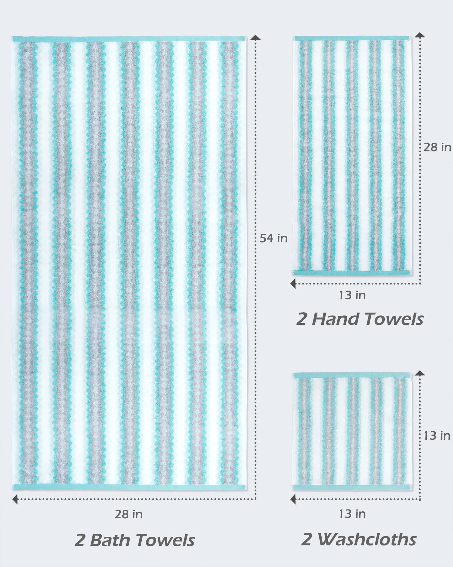 Jacquotha 6 Pack Cute Bath Towel Set Aqua Striped Pattern - Extra Soft, Lightweight, Quick Drying Towels for Bathroom Gym Spa Pool, Decrative Towels for Gifts