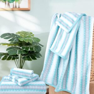 Jacquotha 6 Pack Cute Bath Towel Set Aqua Striped Pattern - Extra Soft, Lightweight, Quick Drying Towels for Bathroom Gym Spa Pool, Decrative Towels for Gifts