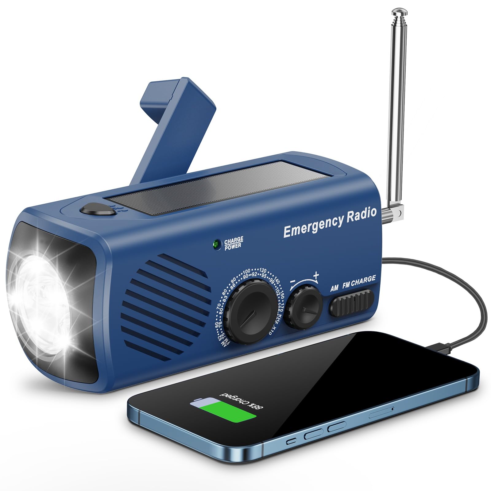 Emergency Hand Crank Radio AM/FM with LED Flashlight, Portable Weather Radio with Solar Charging Manual Crank and Battery Operation, Mergency Phone Charging for Home Outdoor Camping（Blue）