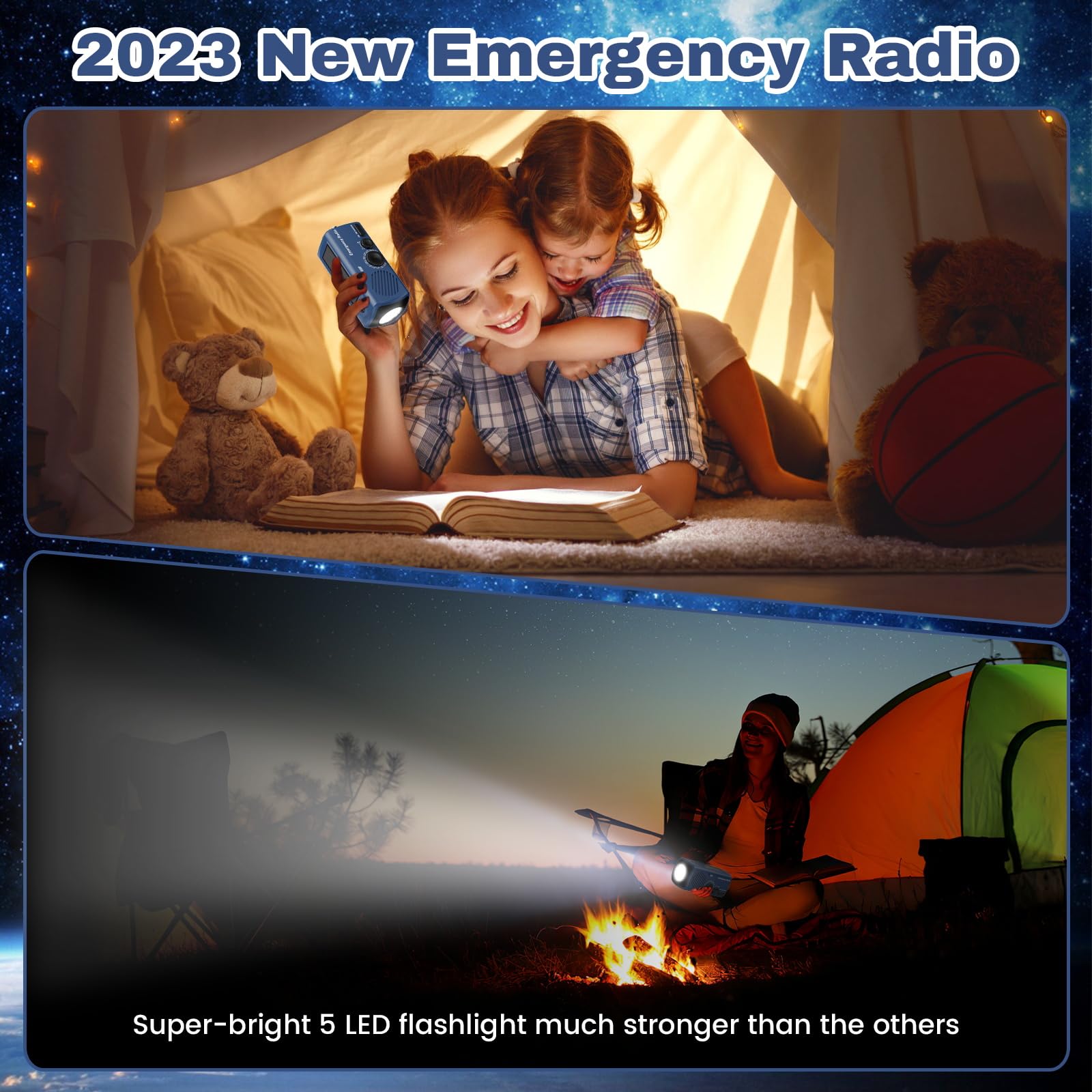 Emergency Hand Crank Radio AM/FM with LED Flashlight, Portable Weather Radio with Solar Charging Manual Crank and Battery Operation, Mergency Phone Charging for Home Outdoor Camping（Blue）