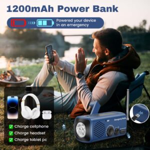 Emergency Hand Crank Radio AM/FM with LED Flashlight, Portable Weather Radio with Solar Charging Manual Crank and Battery Operation, Mergency Phone Charging for Home Outdoor Camping（Blue）