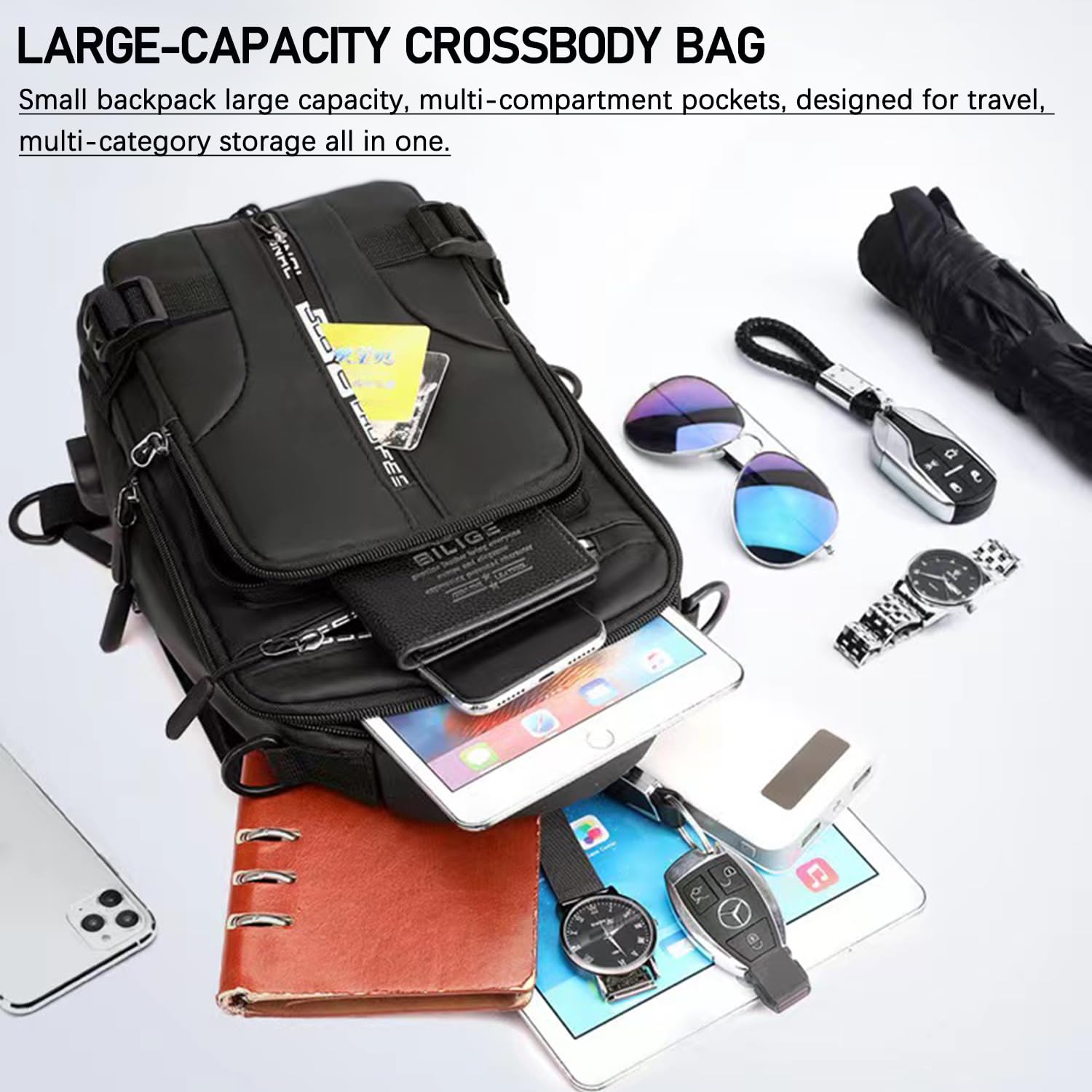 kollsvein Waterproof Sling Crossbody Shoulder Bag for Men, Motorcycle Backpack Tactical Chest Bag for Travel Hiking