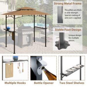 8X 5 FT Grill Gazebo Grill Canopy Double Tiered BBQ Gazebo Outdoor BBQ Canopy, Upgrade Your Grill Gazebo with Our Durable Replacement Roof, Patio Canopy Tent for Barbecue and Picnic (Khaki)