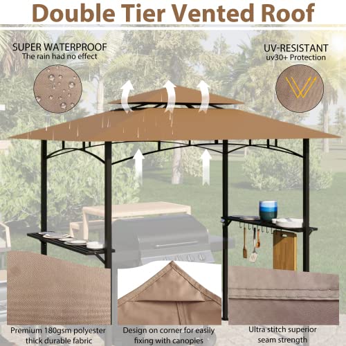 8X 5 FT Grill Gazebo Grill Canopy Double Tiered BBQ Gazebo Outdoor BBQ Canopy, Upgrade Your Grill Gazebo with Our Durable Replacement Roof, Patio Canopy Tent for Barbecue and Picnic (Khaki)