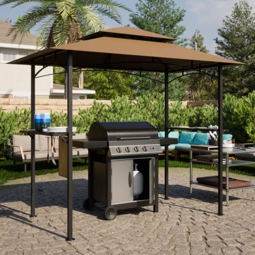 8X 5 FT Grill Gazebo Grill Canopy Double Tiered BBQ Gazebo Outdoor BBQ Canopy, Upgrade Your Grill Gazebo with Our Durable Replacement Roof, Patio Canopy Tent for Barbecue and Picnic (Khaki)