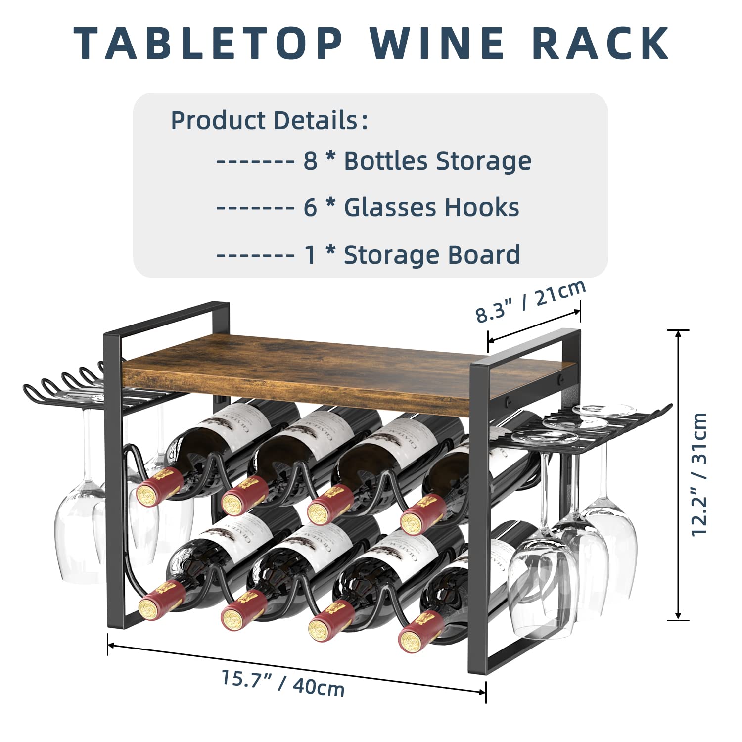 JAFUSI Wine Rack with Glass Holder, Countertop Wine Rack Metal Frame, Wine Holder Stand with Wooden Tray, Bottles Rack for Home Decor Kitchen Storage (Hold 8 Bottles and 4~6 Glasses)