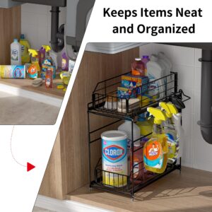 SUEH DESIGN Under Sink Organizers and Storage, 2 Tier Pull Out Cabinet Organizer Sliding Under Sink Storage Shelf with Hanging Rail for Kitchen Bathroom Cabinet Storage, 1 Pack