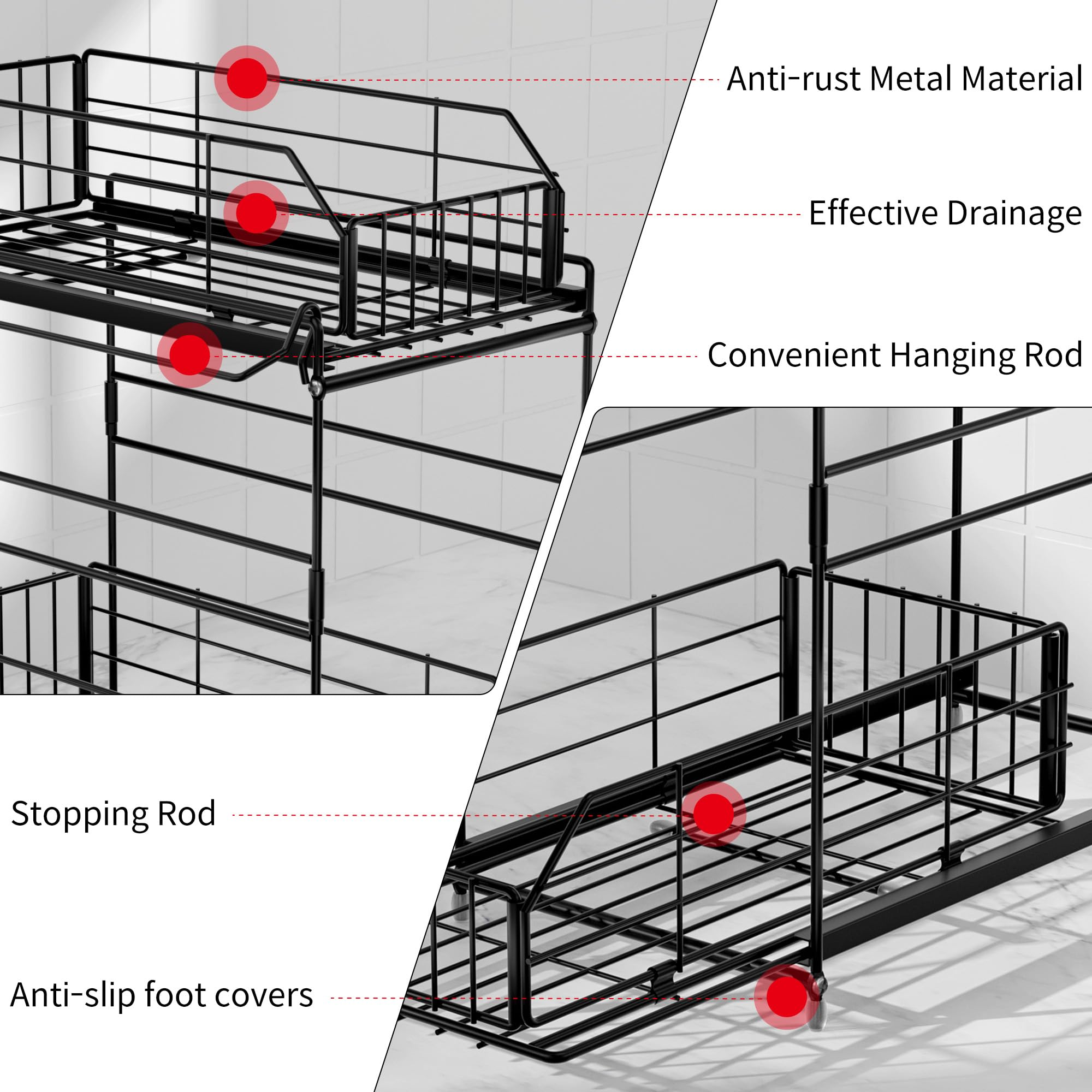 SUEH DESIGN Under Sink Organizers and Storage, 2 Tier Pull Out Cabinet Organizer Sliding Under Sink Storage Shelf with Hanging Rail for Kitchen Bathroom Cabinet Storage, 1 Pack