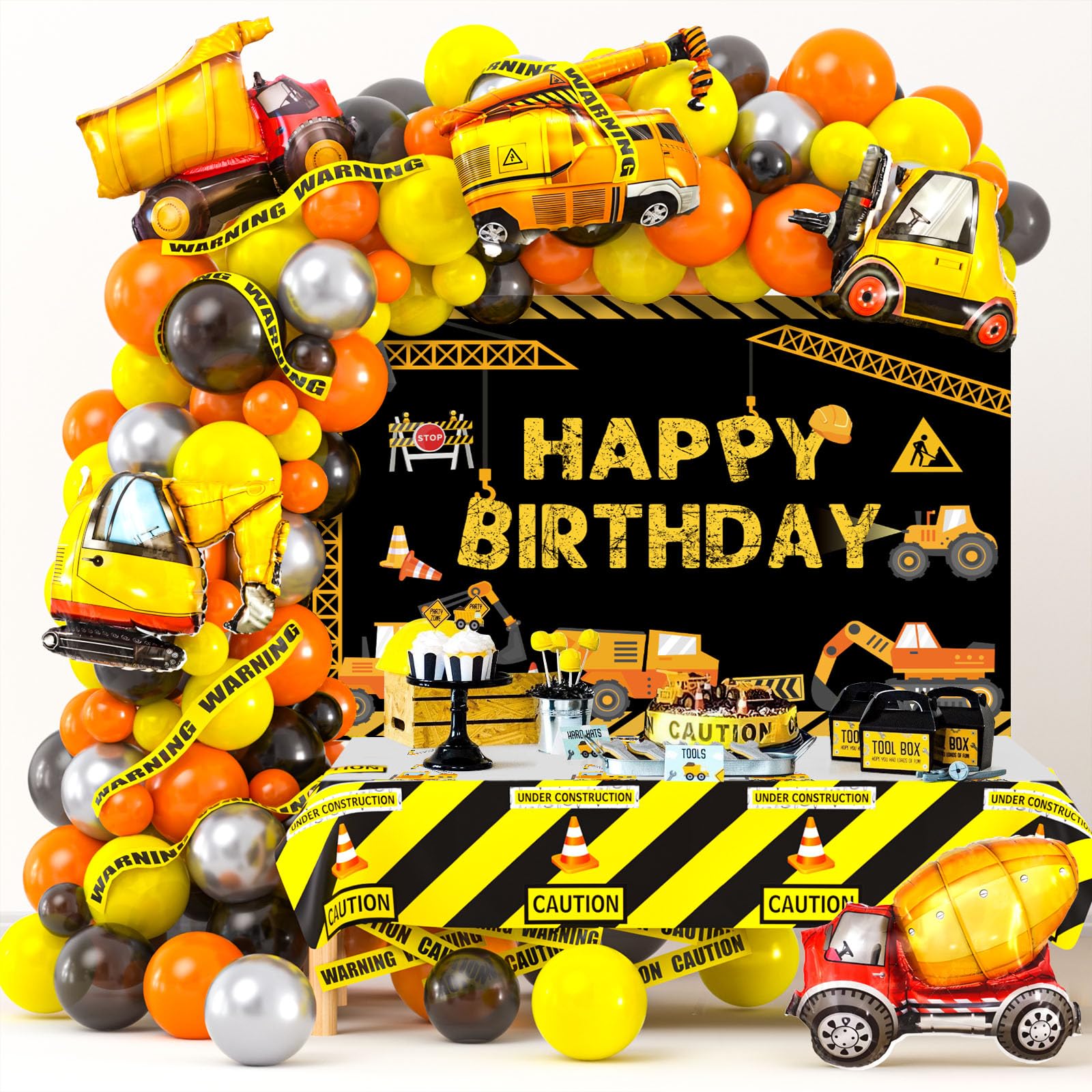 Winrayk Construction Party Decorations Birthday Supplies, Construction Balloon Arch Backdrop Tablecloth Caution Tape Engineering Truck Foil Balloons, Construction Birthday Party Supplies for Boys Kids