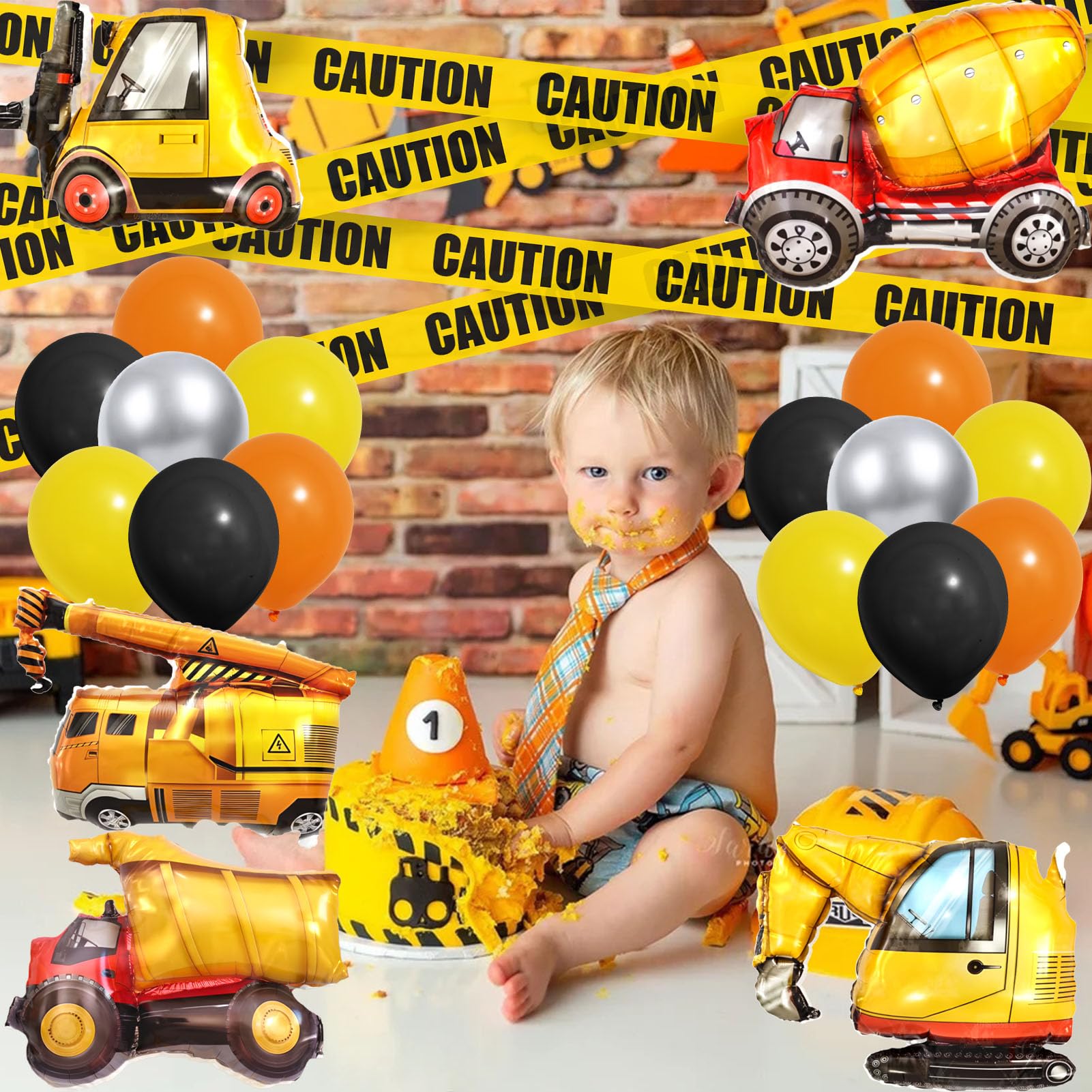 Winrayk Construction Party Decorations Birthday Supplies, Construction Balloon Arch Backdrop Tablecloth Caution Tape Engineering Truck Foil Balloons, Construction Birthday Party Supplies for Boys Kids
