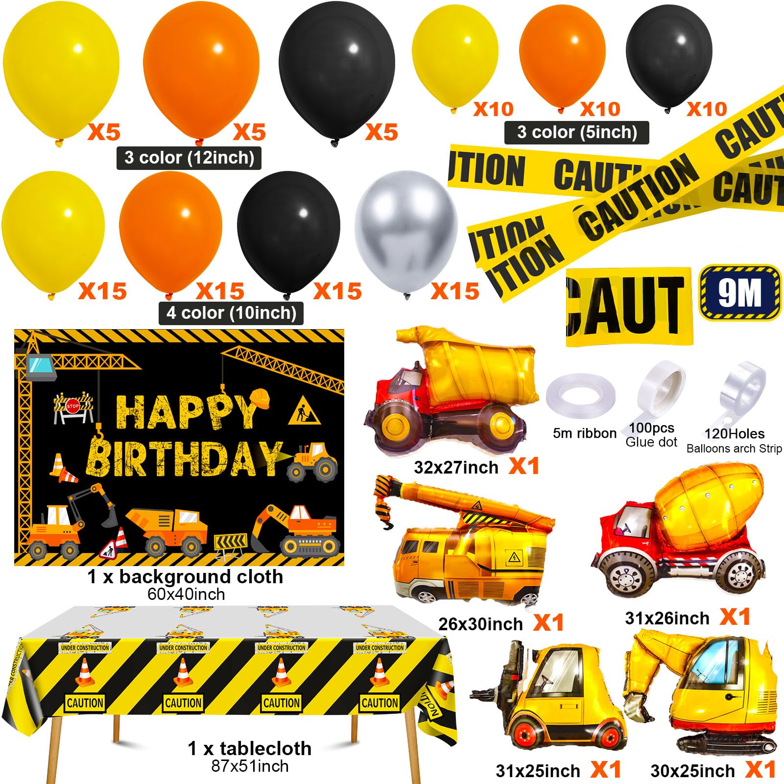 Winrayk Construction Party Decorations Birthday Supplies, Construction Balloon Arch Backdrop Tablecloth Caution Tape Engineering Truck Foil Balloons, Construction Birthday Party Supplies for Boys Kids