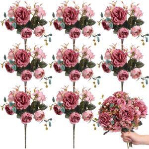 yunsailing 8 packs artificial peony flowers faux flowers silk hydrangea bouquet vintage wedding home table decor reusable bouquet of rose flowers for mother's day wedding birthday(dark pink, elegant)