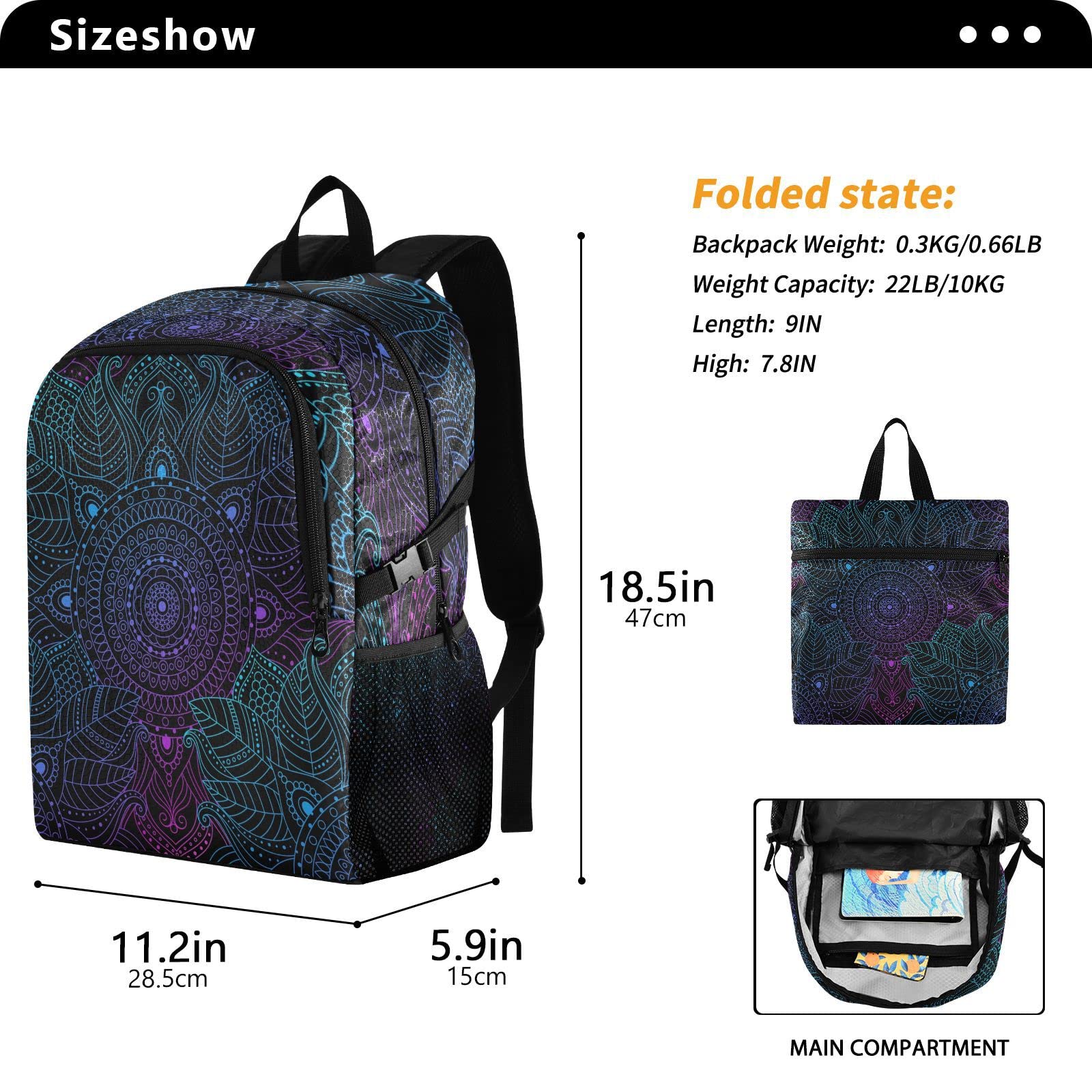 senya Lightweight Packable Backpack Travel Hiking Daypack Foldable Backpack Art Arabesque Mandala Boho Ethnic Bohemian for Men Women