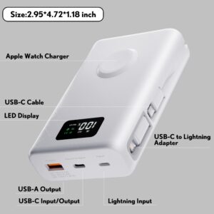 pzoz 20000mAh Portable Power Bank Powerbank Battery Pack with Apple Watch Magnetic Wireless Charger,USB Type C PD Fast Charging in Cable Travel High Capacity Compatible iWatch iPhone 15 Phone (White)