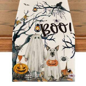 artoid mode ghost pumpkins tree dog boo halloween table runner, seasonal fall kitchen dining table decoration for home party decor 13x72 inch