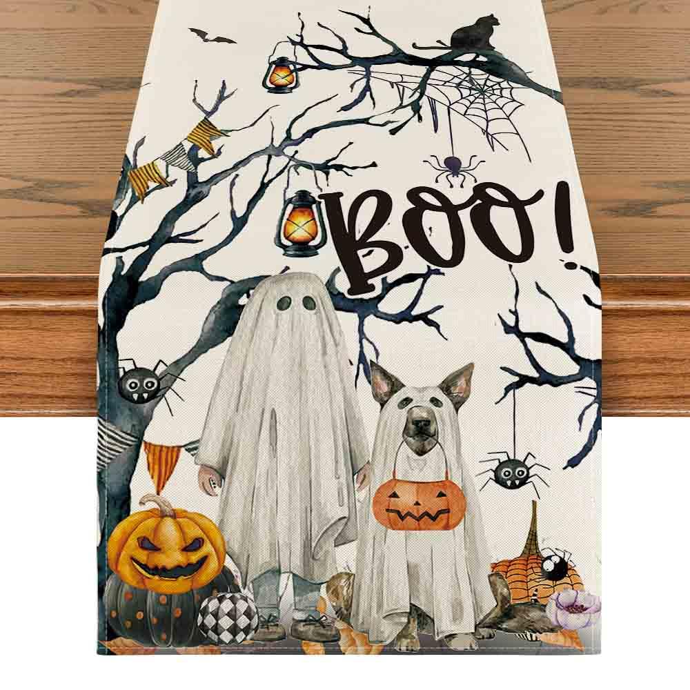 Artoid Mode Ghost Pumpkins Tree Dog Boo Halloween Table Runner, Seasonal Fall Kitchen Dining Table Decoration for Home Party Decor 13x72 Inch