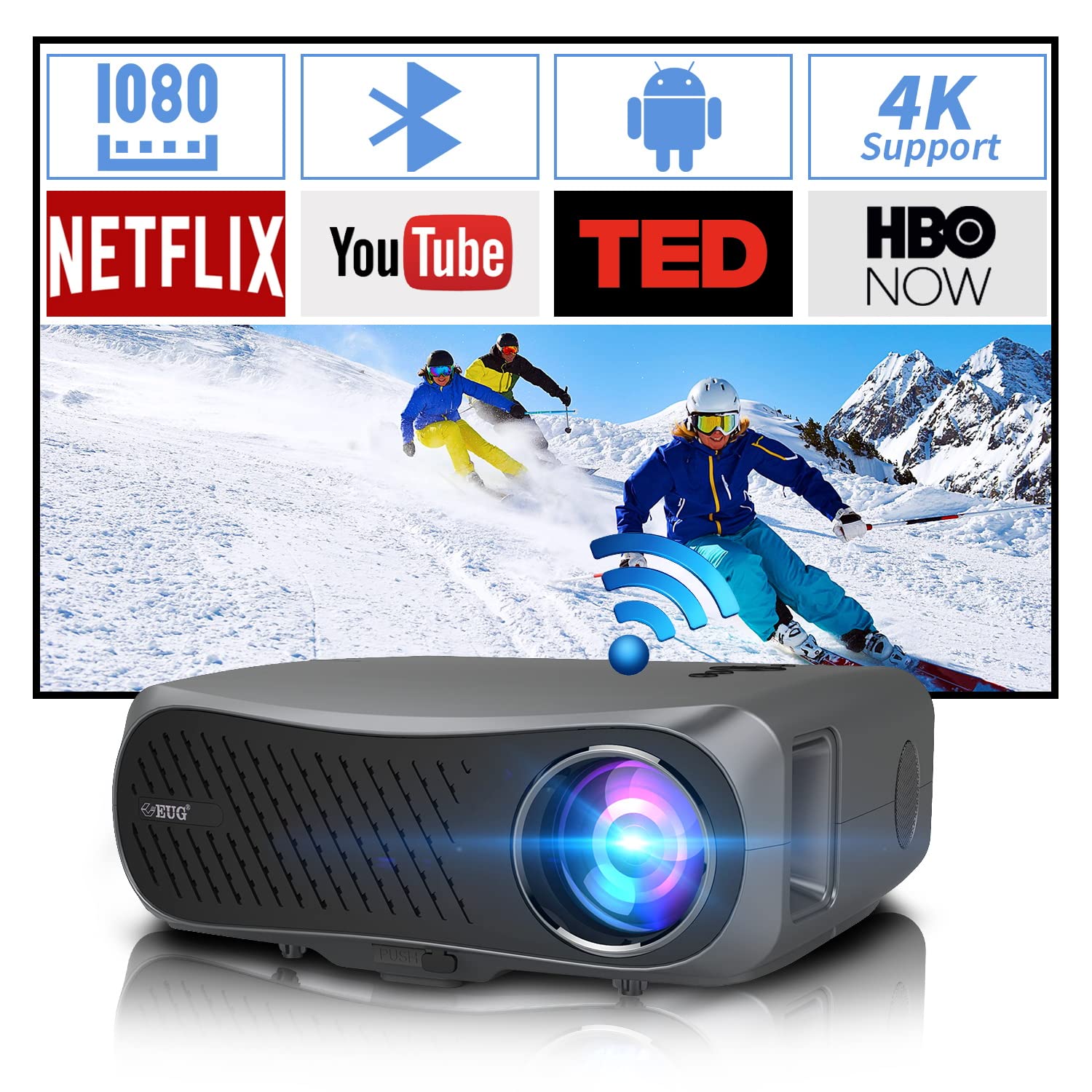 Projector 4K Supported,Native 1080P Wireless Smart Projector with 5G WiFi and Bluetooth,10000LM Video Gaming Projector with 2+16G Android TV,4D/Auto Keystone,Zoom for Phone,Tablet,PC,TV Stick,Laptop