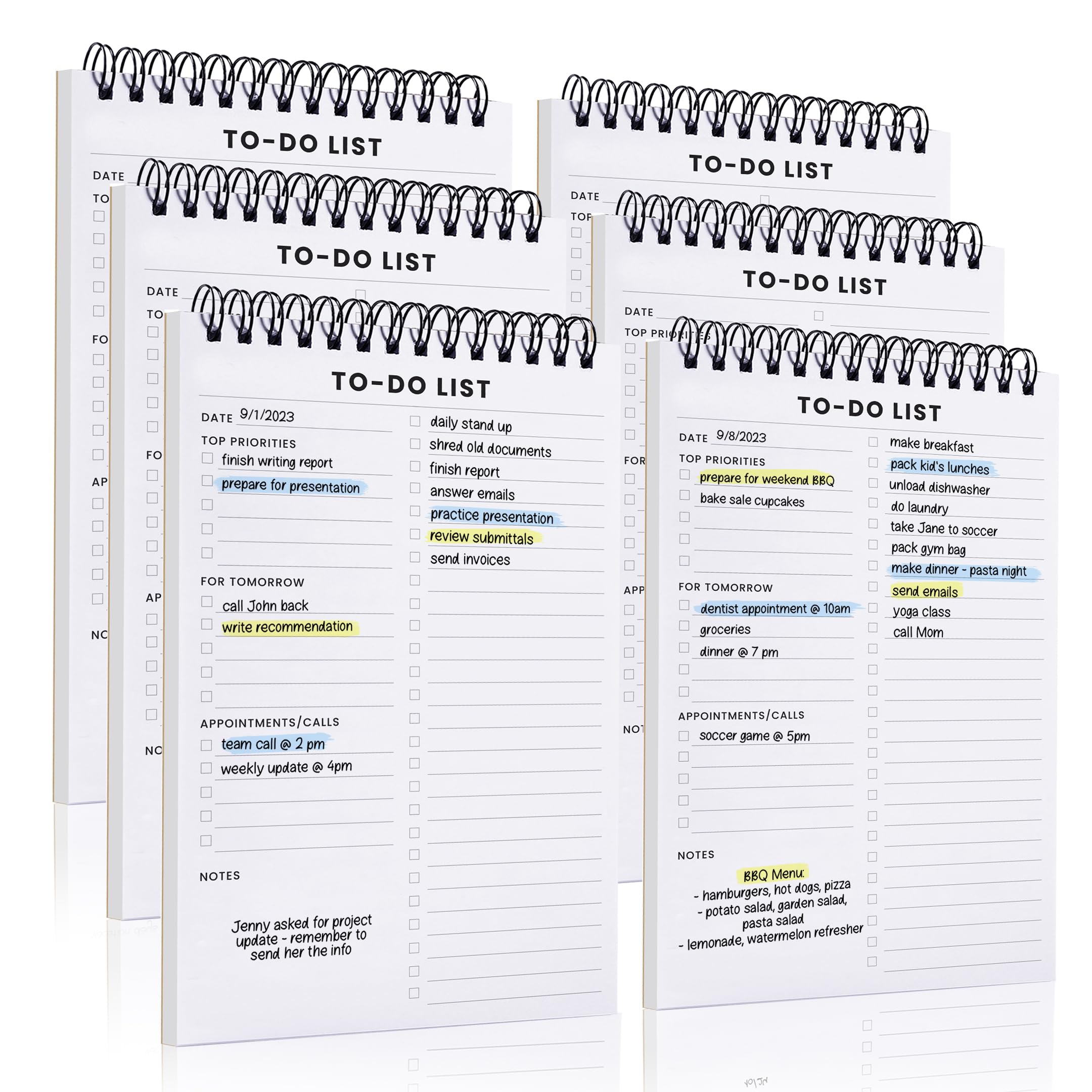 To Do List Notepad 6 Pack: Has Multiple Functional Sections - 5.2 x 8" 35 Sheets - Spiral Daily Planner Notebook - Task CheckList Organizer Agenda Pad for Work, Note and Todo Organization