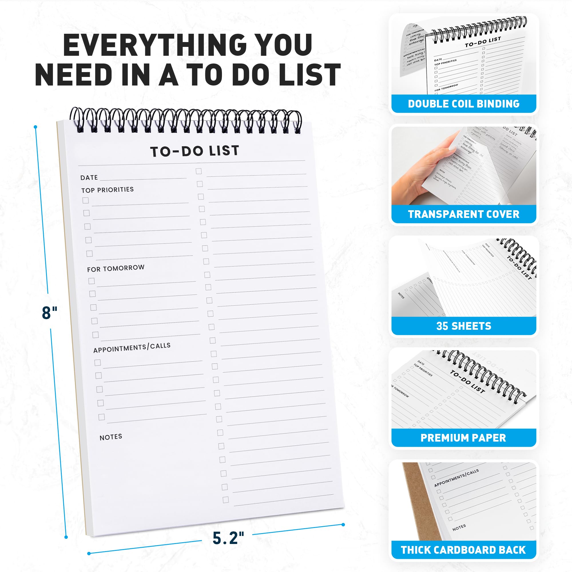 To Do List Notepad 6 Pack: Has Multiple Functional Sections - 5.2 x 8" 35 Sheets - Spiral Daily Planner Notebook - Task CheckList Organizer Agenda Pad for Work, Note and Todo Organization