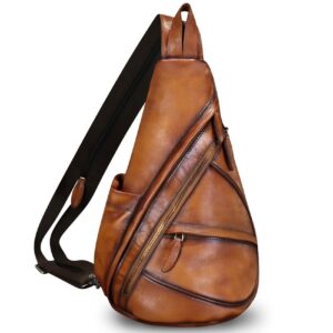 feigitor genuine leather sling bag retro crossbody backpack handmade chest shoulder hiking daypack cycling purse fanny pack (brown)