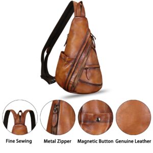 FEIGITOR Genuine Leather Sling Bag Retro Crossbody Backpack Handmade Chest Shoulder Hiking Daypack Cycling Purse Fanny Pack (Brown)