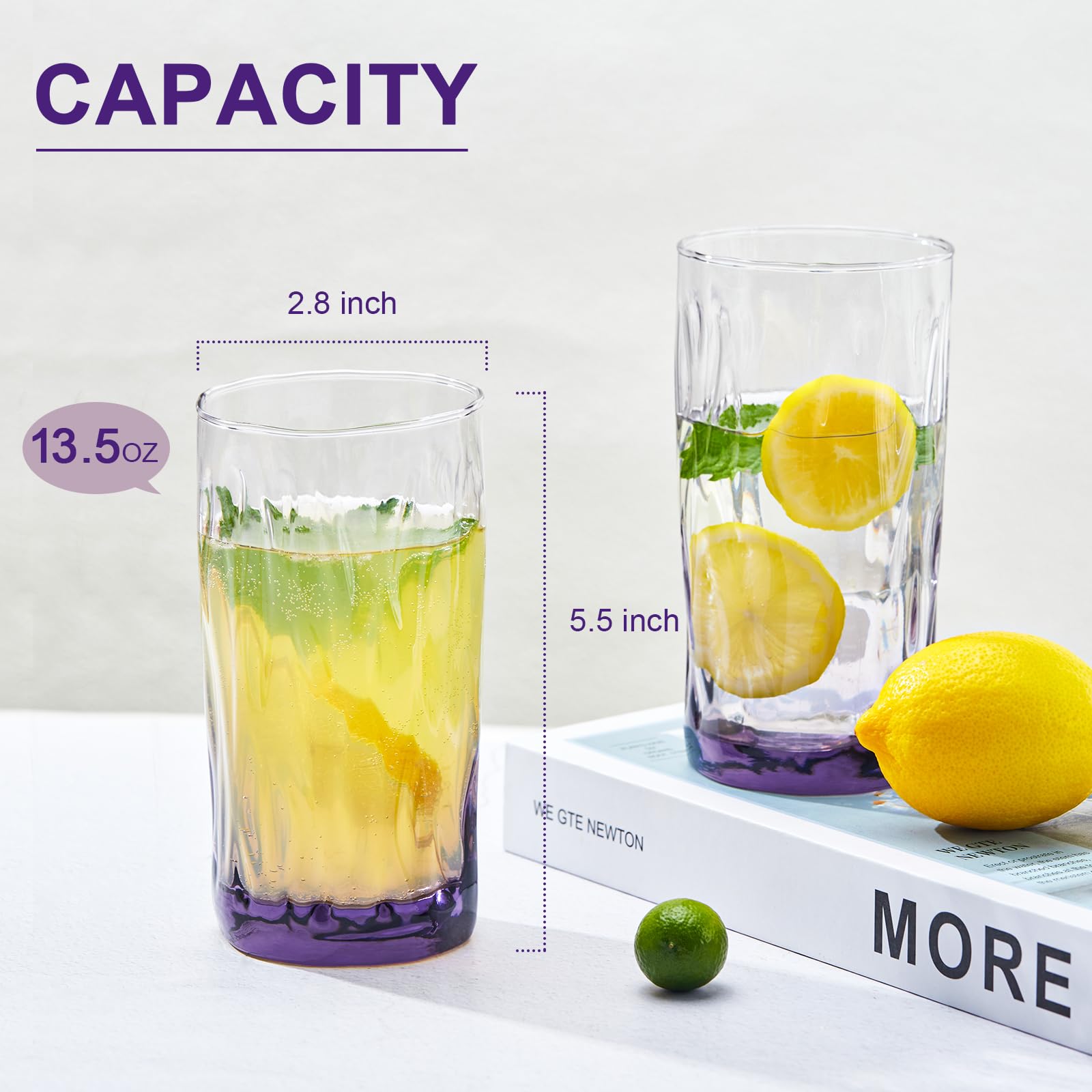 CREATIVELAND Solid Color Drinking Glasses Set of 6, 13.5 OZ Wind-blown Ripples Glass Tumbler Glassware for Water, Juice, Different Options for Home, Restaurant, Hotel, Bar,Purple