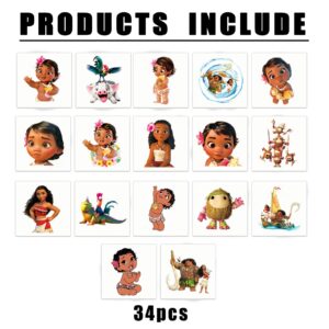 Moana Birthday Party Supplies, 34Pcs Temporary Tattoos Party Favors, Removable Skin Safe, Fake Tattoo Stickers for Goody Bag Treat Bag Stuff for Moana Birthday Party Gifts