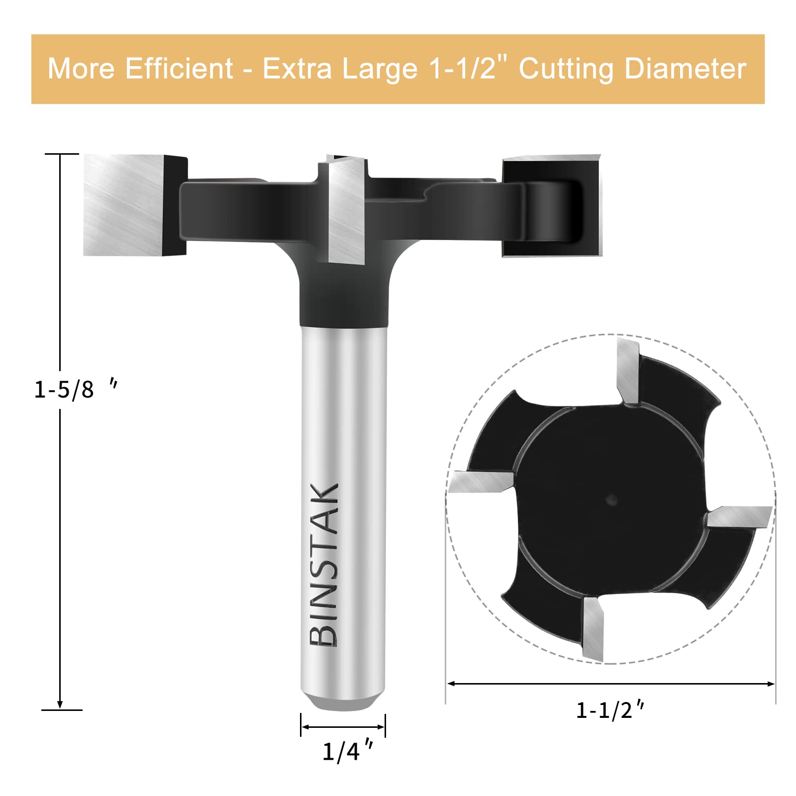 BINSTAK CNC Spoilboard Surfacing Router Bit 1/4 Inch Shank, Extra Large 1-1/2 Inch Cutting Diameter, Slab Flattening Router Bit Planing Bit Wood Planing Bit Dado Planer Bit(Carbide-4 Wings)