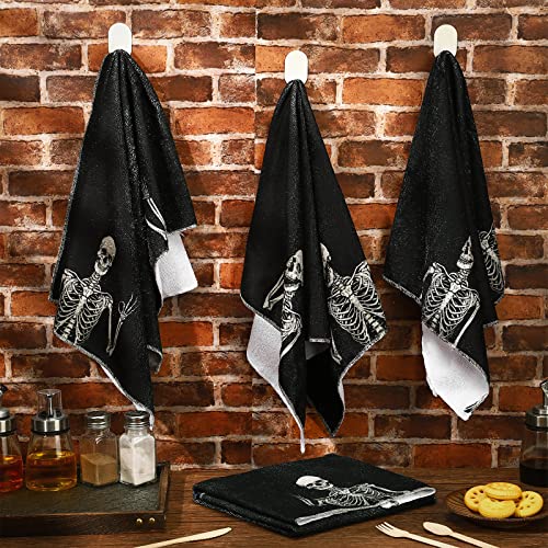 4 Pieces Halloween Kitchen Towels Gift Rock and Roll Skeleton Hippie Skull Dish Towels Ultra Absorbent Drying Cloth Tea Towels Bathroom Gift Halloween Seasonal Soft Coffee Tea Bar Hand Towels