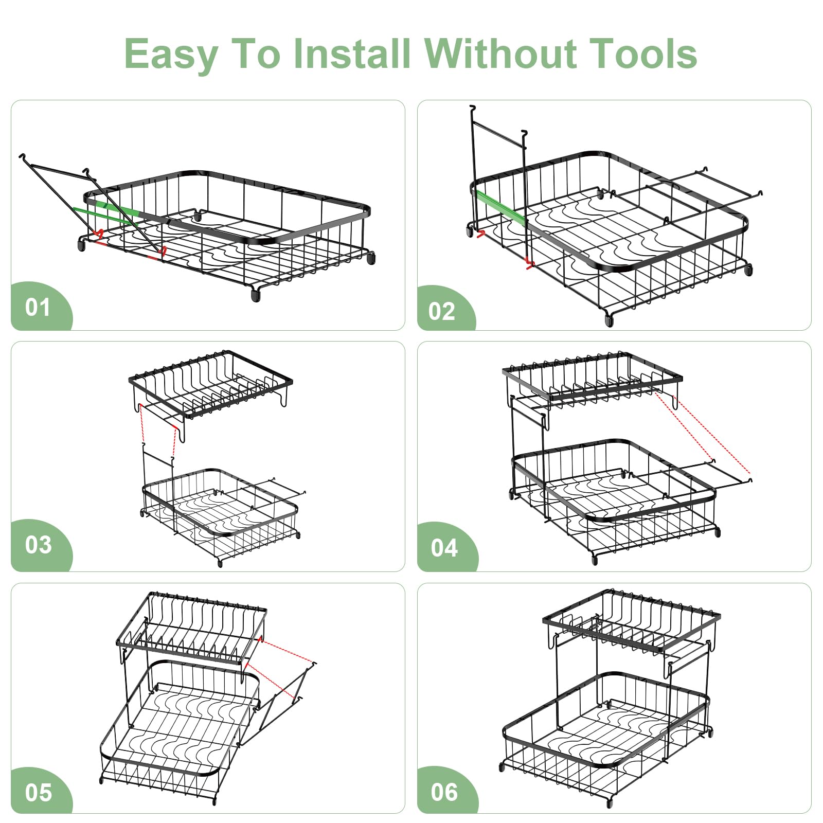 Loftiage Dish Drying Rack and Drainboard Set, Large Dish Racks for Kitchen Counter, 2 Tier Dish Strainers, Black Dish Drainer with Utensils, Pot, Knives, Cutting Board Holders and Drying Mat