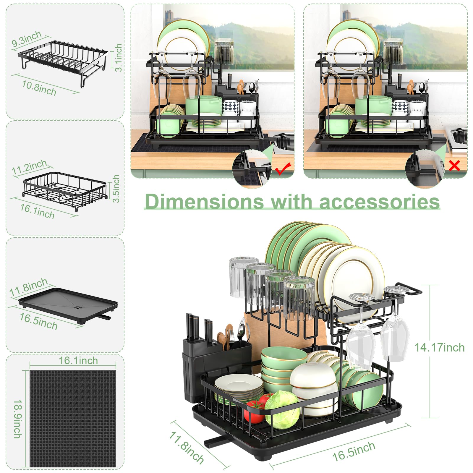 Loftiage Dish Drying Rack and Drainboard Set, Large Dish Racks for Kitchen Counter, 2 Tier Dish Strainers, Black Dish Drainer with Utensils, Pot, Knives, Cutting Board Holders and Drying Mat