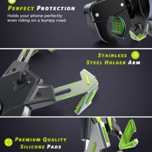 IPOW Bike Phone Holder, Adjustable Motorcycle Phone Mount, 2023 Upgraded Motorcycle Handlebar Phone Clamp, Scooter Phone Clip Compatible with iPhone 14 Plus/Pro Max, 13 Pro Max, S23, S22, Green