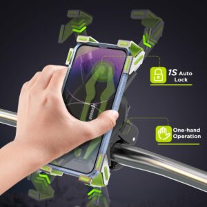 IPOW Bike Phone Holder, Adjustable Motorcycle Phone Mount, 2023 Upgraded Motorcycle Handlebar Phone Clamp, Scooter Phone Clip Compatible with iPhone 14 Plus/Pro Max, 13 Pro Max, S23, S22, Green