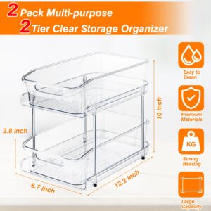 JUPELI Clear Bathroom Organizer, 2 Tier Pull Out Kitchen Closet Undersink Organization and Storage Bins, Convenient and Durable Cabinet Organizer for Snack Spice Jar Medicine and Cosmetics, 2pack